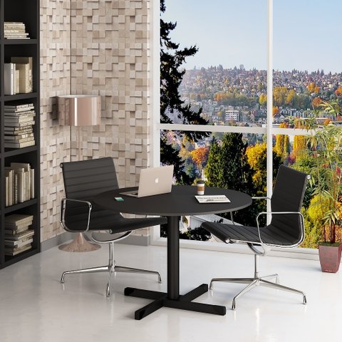 Mesa Redonda de Reunião para Escritório 1m Pé Metálico - Preto