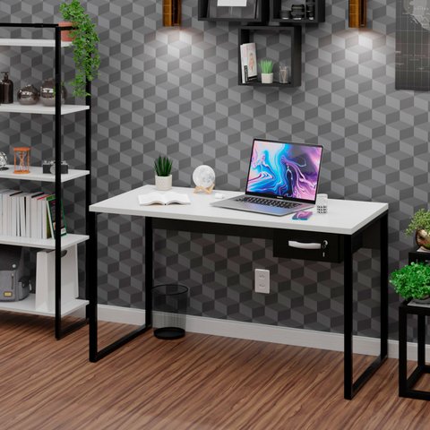 Mesa para Escritório Industrial com Gavetas 1,35m Tpo 30mm Maciço - Branco