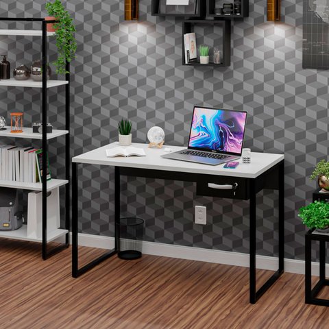 Mesa de Escritório Industrial com Gavetas 120cm Tpo 25mm Maciço - Branco