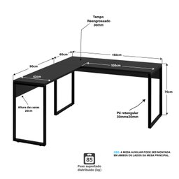 Mesa de Canto em L Industrial 1,50x1,50 - Preto - 3