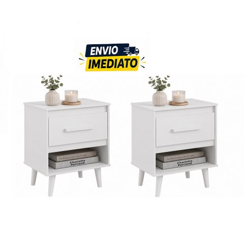 Jogo de Mesa de Cabeceira Mila 1 Gaveta Pés Retrô - Branco Móblis