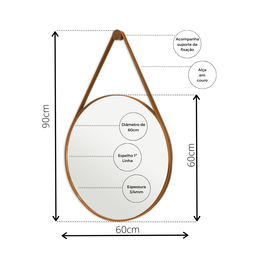 Espelho Decorativo Sala Alça Em Couro 60cm + Suporte Pino:Caramelo - 2