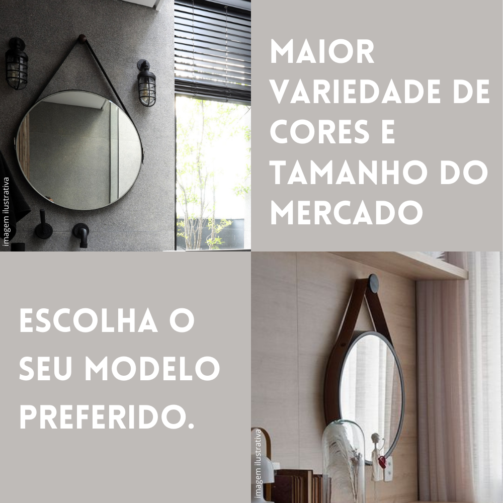 Espelho Decorativo Sala Alça Em Couro 60cm + Suporte Pino:Caramelo - 6