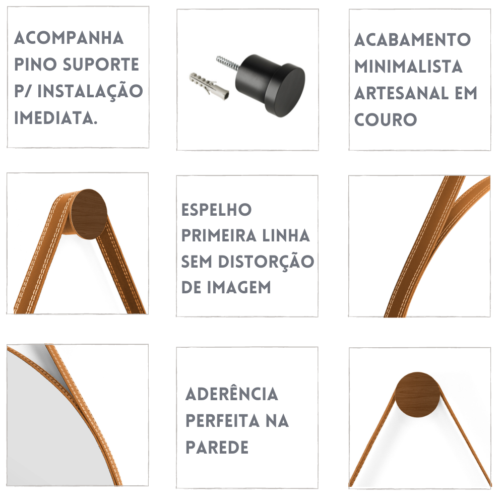 Espelho Decorativo Sala Alça Em Couro 60cm + Suporte Pino:Caramelo - 3