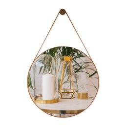 Espelho Decorativo Sala Alça Em Couro 60cm + Suporte Pino:Caramelo - 1
