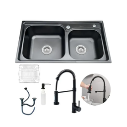 Kit Cuba Cozinha Gourmet Pia Dupla Aço Inox e Torneira Gourmet Extensível Preta Brinovar - 1