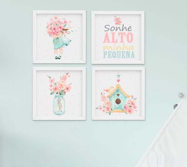 Kit Quadro Infantil Bebê Menina Aquarela Flores Sonhe Alto 4 peças