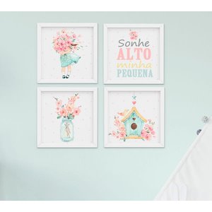 Kit Quadro Infantil Bebê Menina Aquarela Flores Sonhe Alto 4 peças