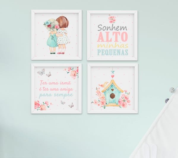 Quadro Infantil Quarto Bebê Menina Irmãs Flores Kit 4 Peças