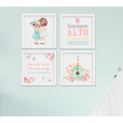 Quadro Infantil Quarto Bebê Menina Irmãs Flores Kit 4 Peças