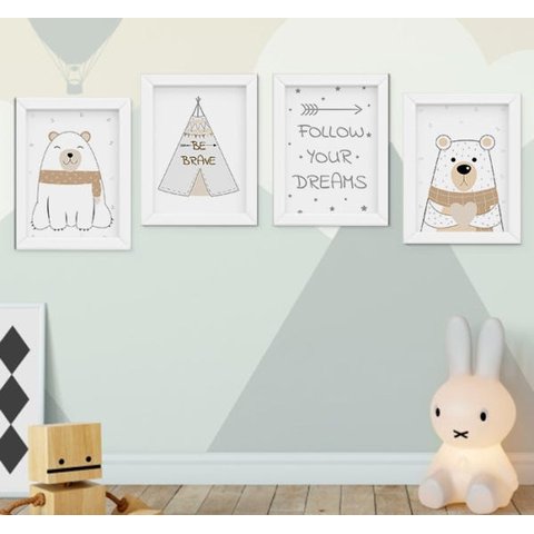 Quadro Infantil Bebê Escandinavo Ursos Cabana Bege Kit 4 Peças