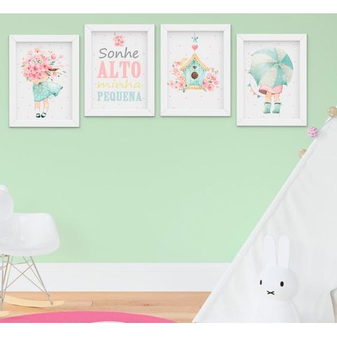 Quadro Infantil Quarto Bebê Menina Jardim Flores Aquarela Kit 4 Peças