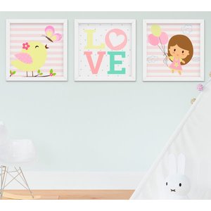 Quadro Decorativo Infantil Bebê Menina Passarinho Kit 3 Peças