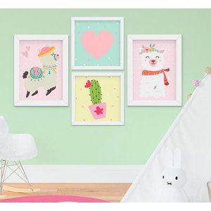 Quadro Infantil Menina Lhama Cacto Coração Kit 4 Peças