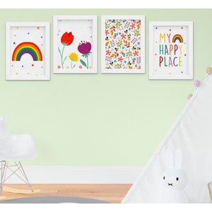 Quadro Infantil Bebê Menina Flores Arco-íris Kit 4 Peças