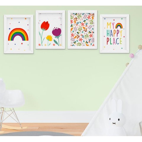 Quadro Infantil Bebê Menina Flores Arco-íris Kit 4 Peças