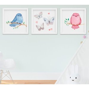 Quadro Bebê Infantil Menina Passarinho Borboleta Aquarela Kit 3 Peças