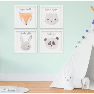 Quadro Infantil Bebê Menino Menina Animais Aquarela Kit 4 Peças