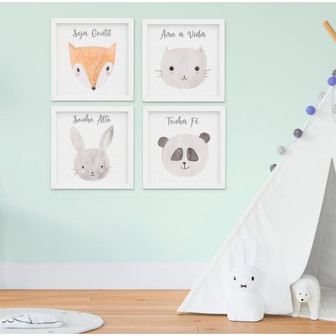 Quadro Infantil Bebê Menino Menina Animais Aquarela Kit 4 Peças