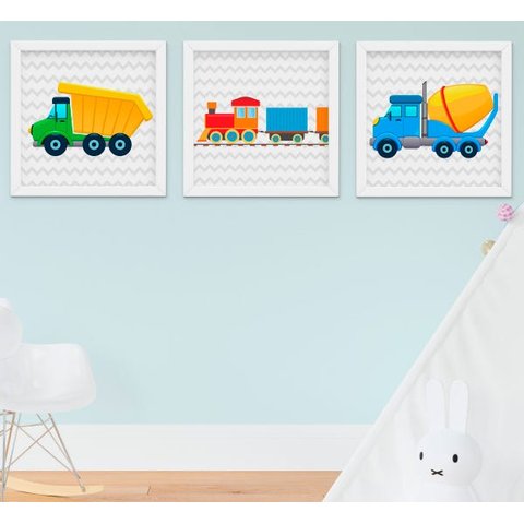 Quadro Bebê Infantil Menino Caminhão Trem Kit 3 Peças