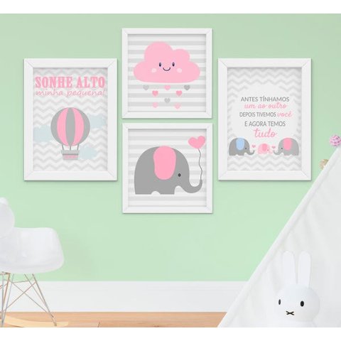 Quadro Infantil Menina Elefante Antes Tínhamos Um ao Outro Kit 4 Peças