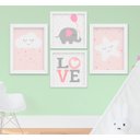 Ver imagem 1 de Quadro Infantil Quarto Bebê Menina Estrela Nuvem Elefante Kit 4 Peças