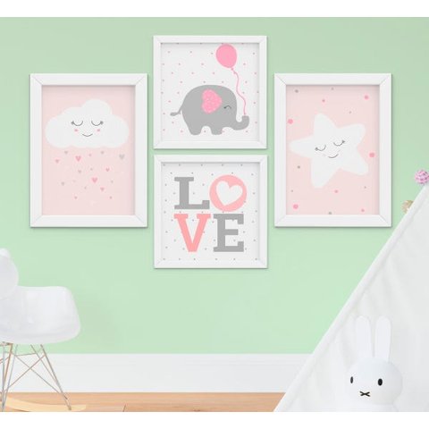 Quadro Infantil Quarto Bebê Menina Estrela Nuvem Elefante Kit 4 Peças