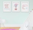 Ver imagem 1 de Quadro Bebê Infantil Menina Elefante Nuvem Balão Aquarela Kit 3 Peças
