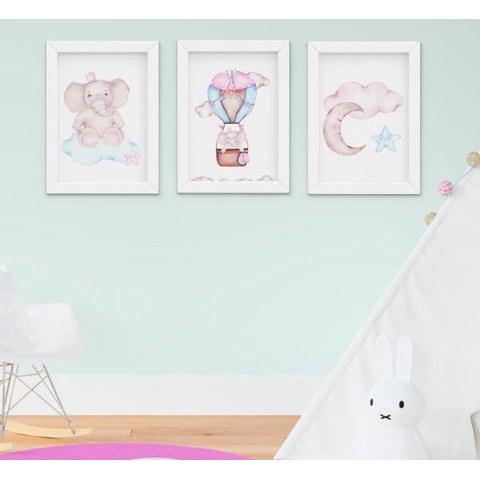 Quadro Bebê Infantil Menina Elefante Nuvem Balão Aquarela Kit 3 Peças