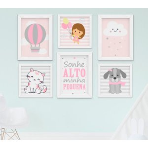 Quadro Infantil Quarto Bebê Menina Gatinha Cachorro Nuvem Kit 6 Peças