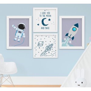 Quadro Infantil Bebê Menino Espaço Astronauta Foguete Kit 4 Peças