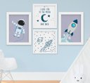 Ver imagem 1 de Quadro Infantil Bebê Menino Espaço Astronauta Foguete Kit 4 Peças