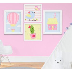 Quadro Infantil Bebê Menina Passarinho Casinha Balão Kit 4 Peças