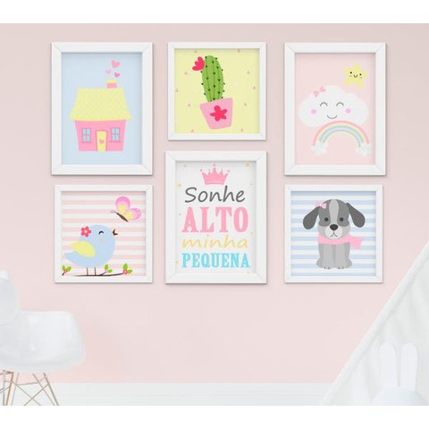 Quadro Infantil Quarto Bebê Menina Passarinho Cachorro Cacto Kit 6 Peças