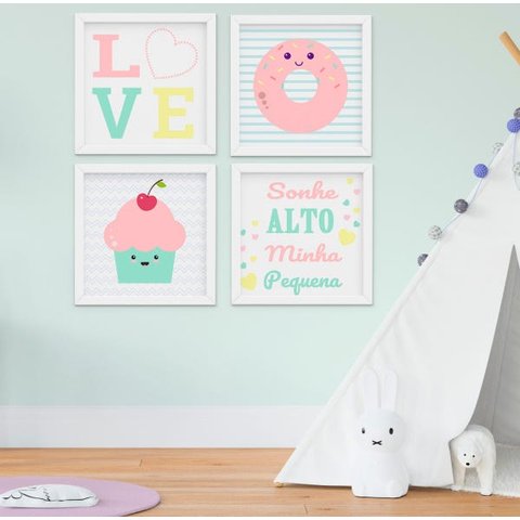 Quadro Infantil Quarto Bebê Menina Cupcake Donuts 4 peças