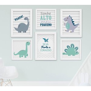 Quadro Infantil Quarto Bebê Menino Dinossauro Kit 6 Peças