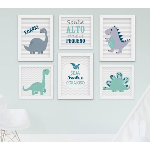 Quadro Infantil Quarto Bebê Menino Dinossauro Kit 6 Peças