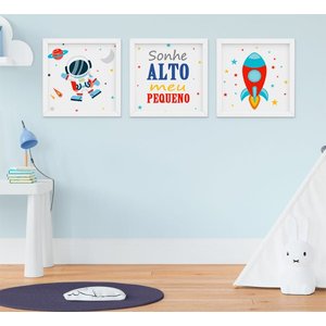 Quadro Infantil Bebê Menino Astronauta Foguete Sonhe Alto Kit 3 Peças