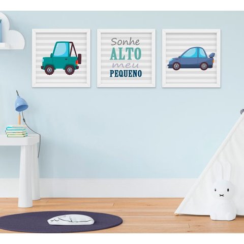 Kit Quadro Infantil Bebê Menino Carrinhos 3 Peças