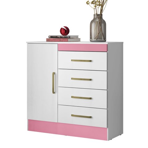 Cômoda Montevidéu 1 Porta 4 Gavetas 91 Cm - Comoda para Quarto - Demobile:branco ou Branco/rosa