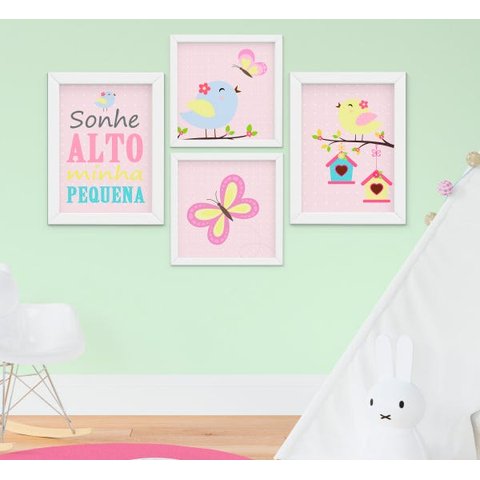 Quadro Infantil Bebê Menina Passarinho Borboleta Sonhe Alto Kit 4 Peças