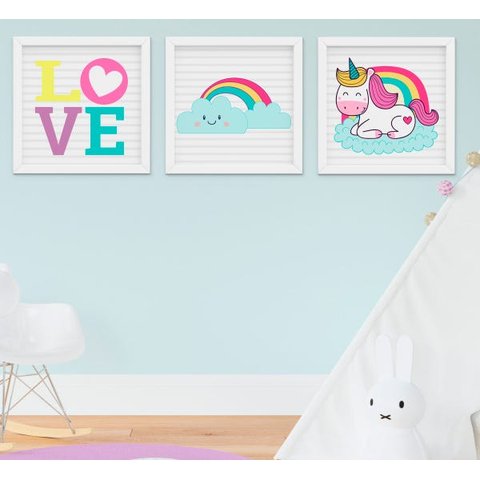 Quadro Infantil Quarto Bebê Menina Unicórnio Nuvem Arco-íris Kit 3 Peças