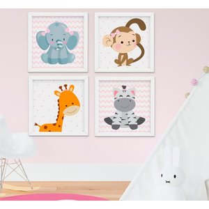 Quadro Bebê Infantil Menina Safari Kit 4 Peças