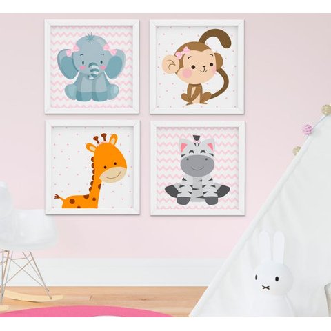 Quadro Bebê Infantil Menina Safari Kit 4 Peças