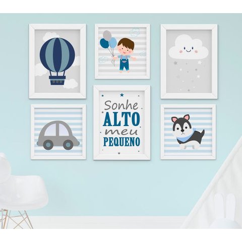 Quadro Infantil Bebê Menino Balão Nuvem Carrinho Kit 6 Peças