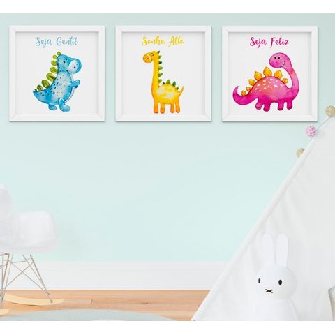Quadro Infantil Bebê Menina Menino Aquarela Dinossauro Kit 3 Peças