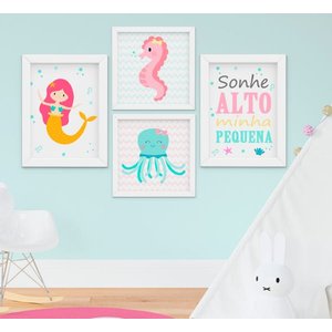 Quadro Infantil Bebê Menina Sereia Fundo do Mar Kit 4 Peças