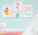 Ver imagem 1 de Quadro Infantil Bebê Menina Sereia Fundo do Mar Kit 4 Peças