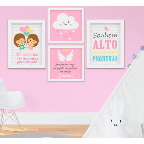 Quadro Infantil Bebê Menina Irmãs Nuvem Santo Anjo Kit 4 Peças