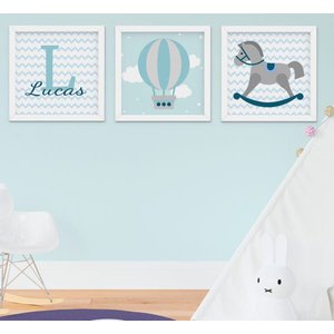 Quadro Bebê Menino Cavalinho Balão Nome Kit 3 Peças